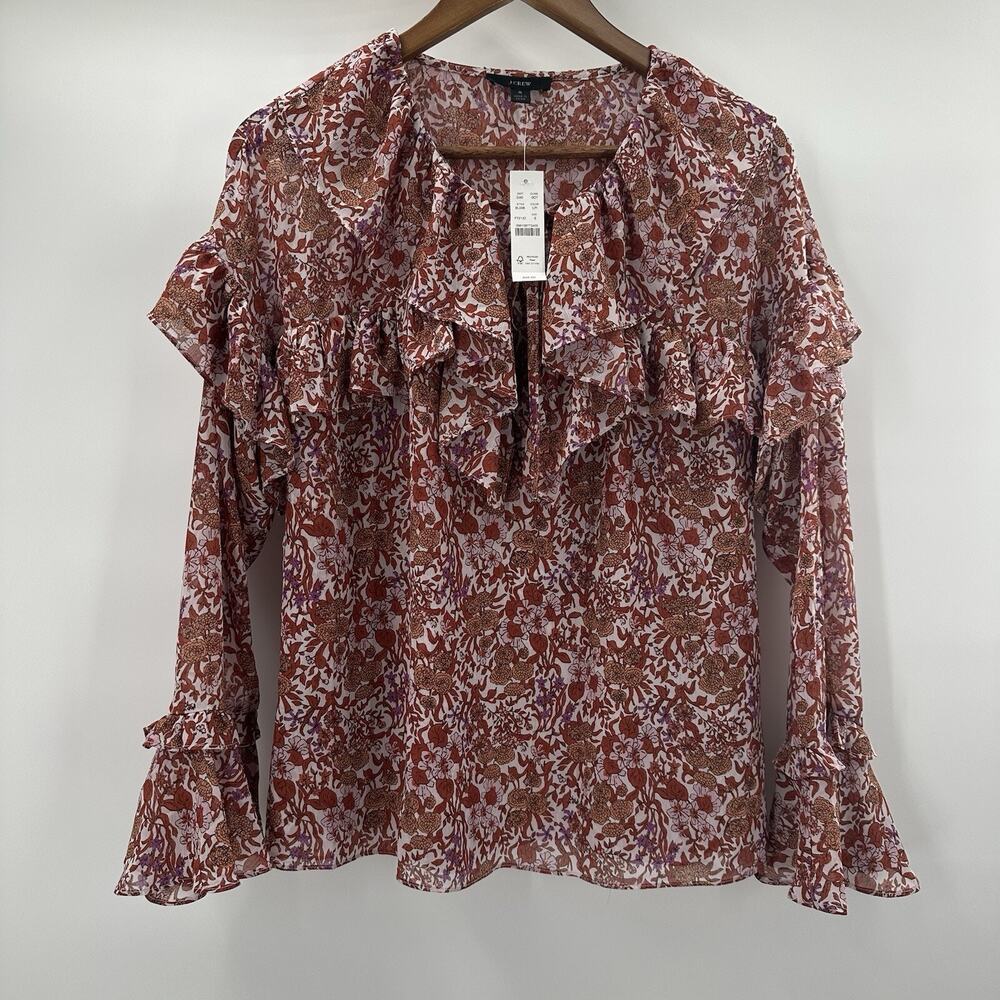 J Crew Blouse Top Womens Small Floral Chiffon Ruffle Cottage Prairie Bell Sleeve